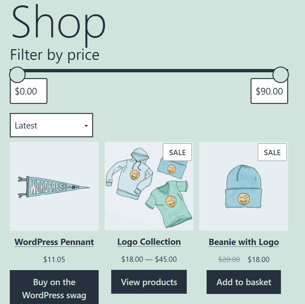 Le bloc Filtrer les produits par prix en action