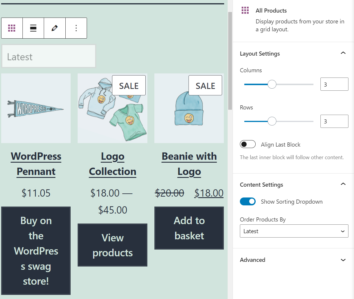 Configuration du bloc Tous les produits WooCommerce