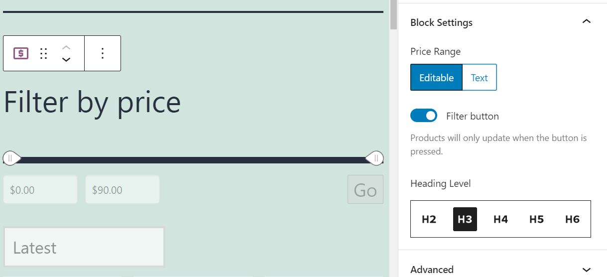 Configuration du bloc Filtrer les produits par prix