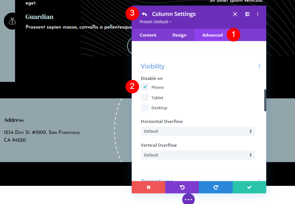 Setări coloanei Sticky Divi Footer