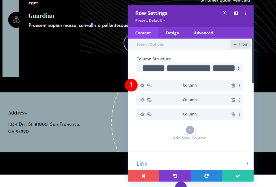 Setări coloanei Sticky Divi Footer