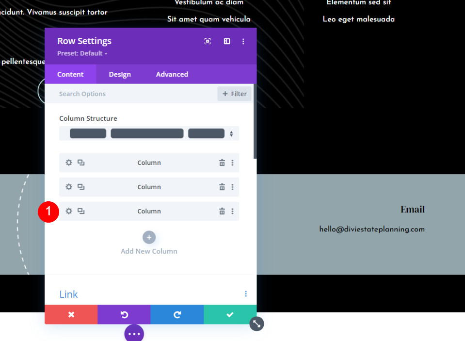 Setări coloanei Sticky Divi Footer