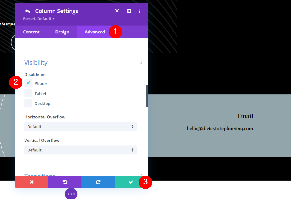 Setări coloanei Sticky Divi Footer