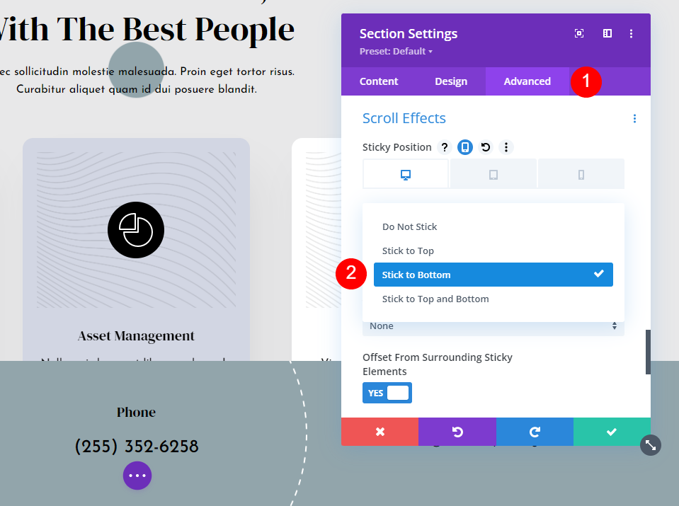 Setări secțiune Sticky Divi Footer