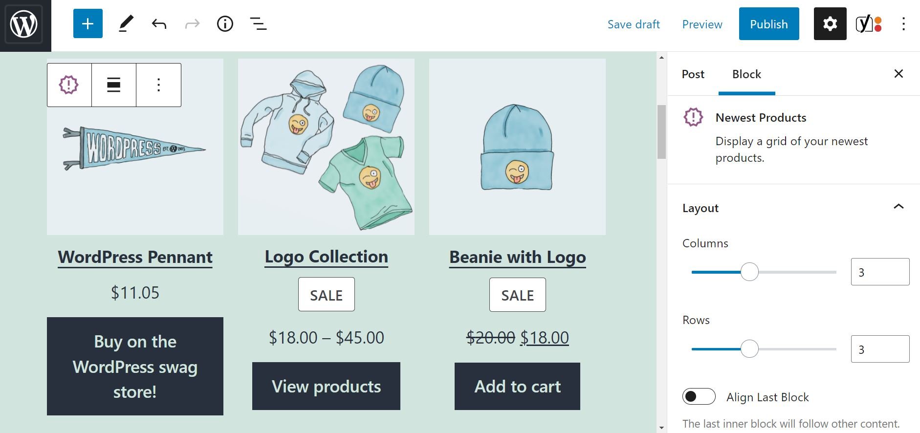 Настройки макета для блока Newest Products WooCommerce