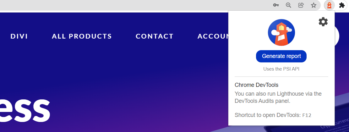الوصول إلى Google Lighthouse عبر Chrome.