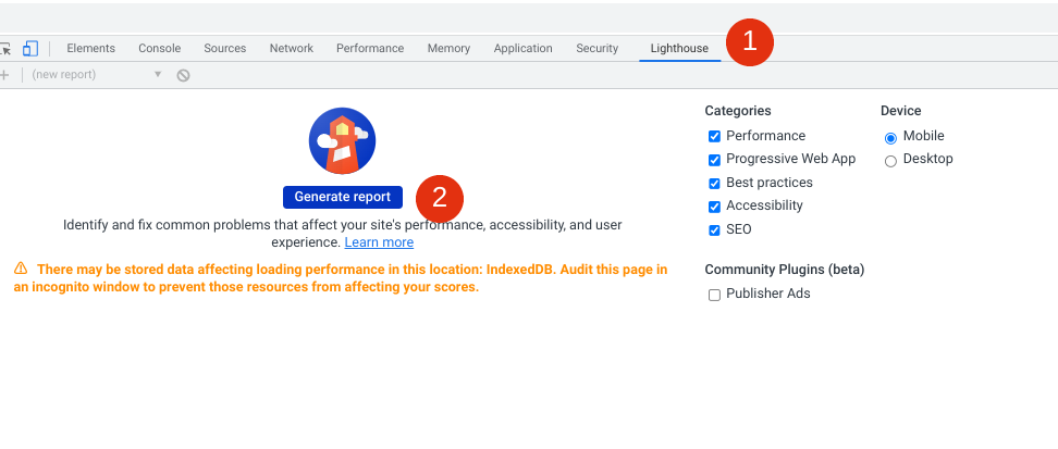 خيار Google Lighthouse في Chrome DevTools.