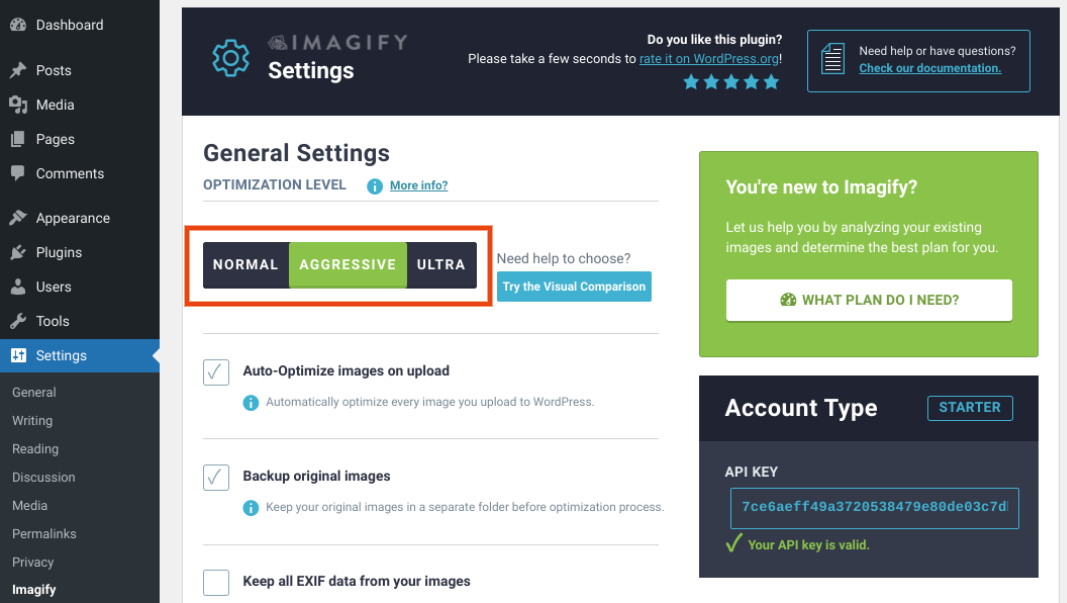 Le impostazioni del plug-in Imagify.