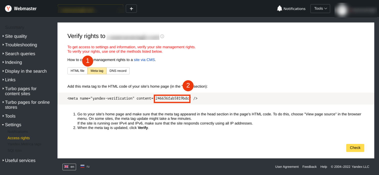 علامة التبويب Yandex meta tag.