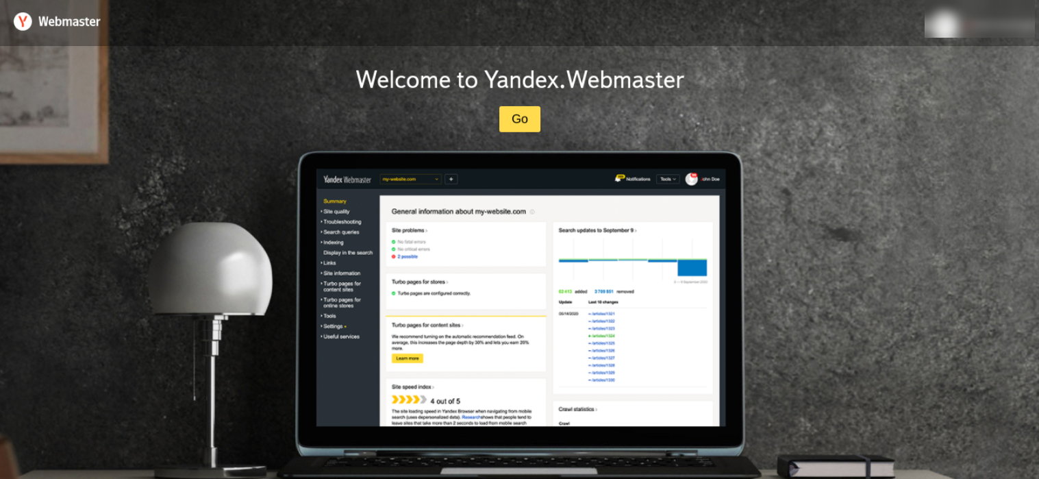 شاشة Yandex Webmaster.