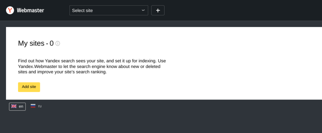 خيار إضافة موقع إلى حساب أدوات Yandex Webmaster.