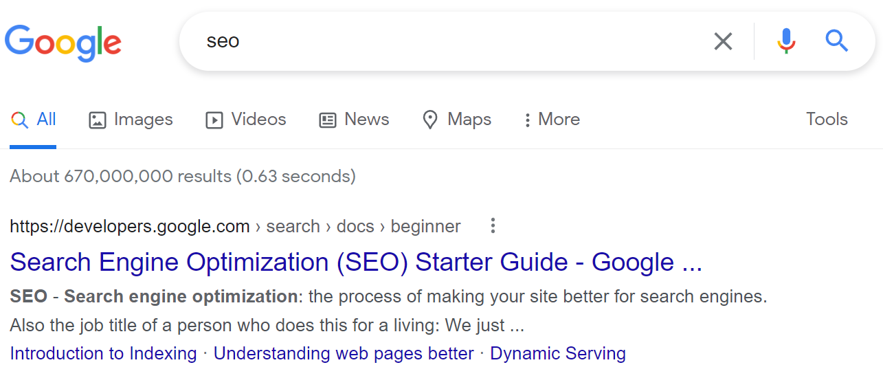 Un esempio di titolo di una pagina SEO nei risultati di ricerca di Google.