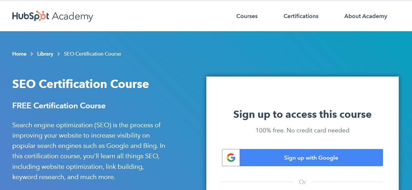 Pagina del corso di certificazione SEO su HubSpot