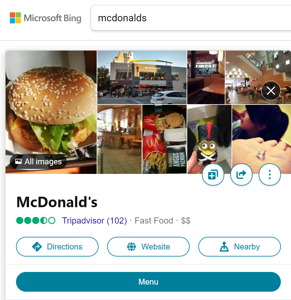 Bing SEO에 Bing Places를 사용하는 비즈니스의 예.