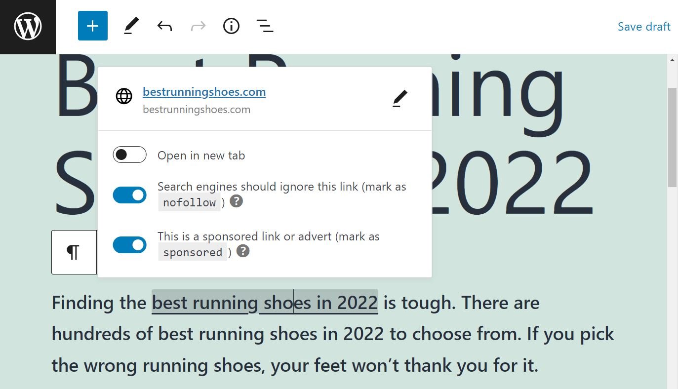 在 Gutenberg 中添加 nofollow 和赞助链接属性