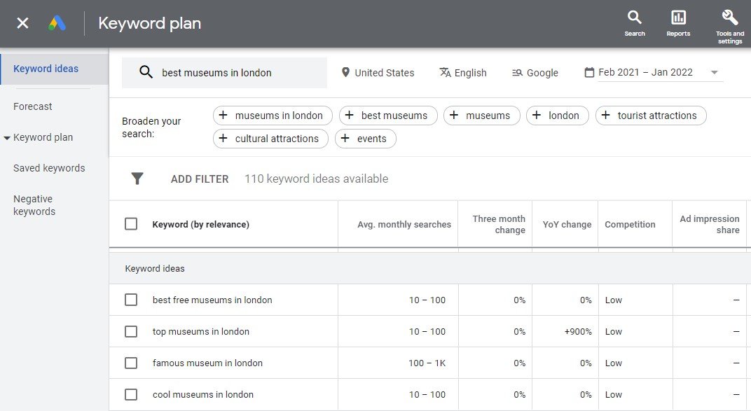 เครื่องมือวางแผนคำหลักของ Google