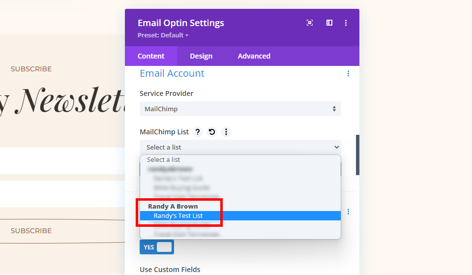 MailChimp Divi ตั้งค่าตัวอย่างบัญชีอีเมล