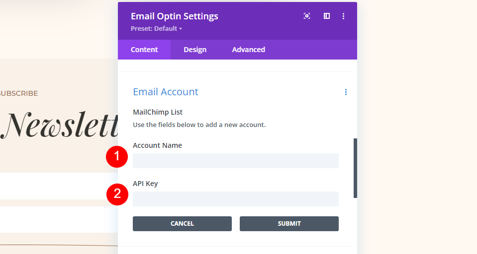 MailChimp Divi ตั้งค่าตัวอย่างบัญชีอีเมล