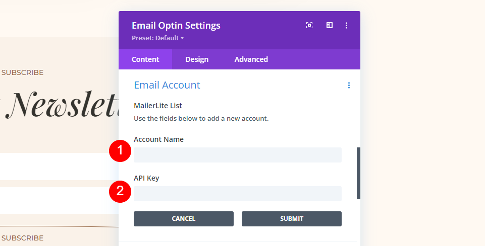 MailerLite Divi ตั้งค่าตัวอย่างบัญชีอีเมล