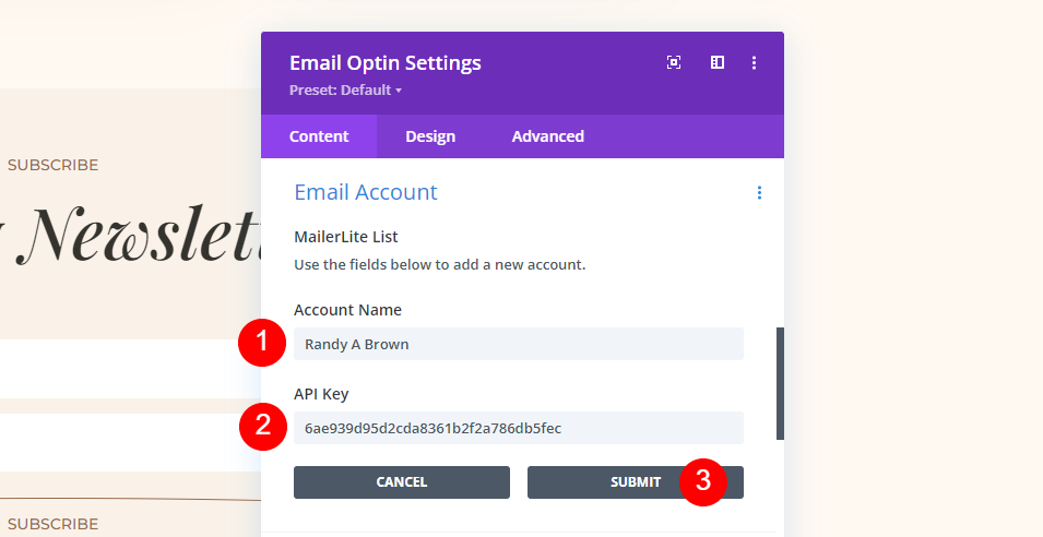 MailerLite Divi ตั้งค่าตัวอย่างบัญชีอีเมล