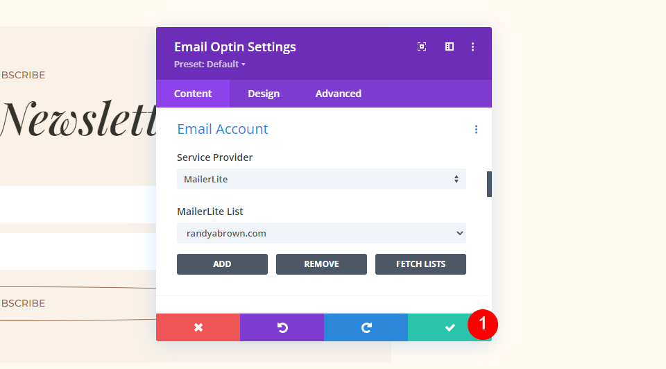 MailerLite Divi ตั้งค่าตัวอย่างบัญชีอีเมล