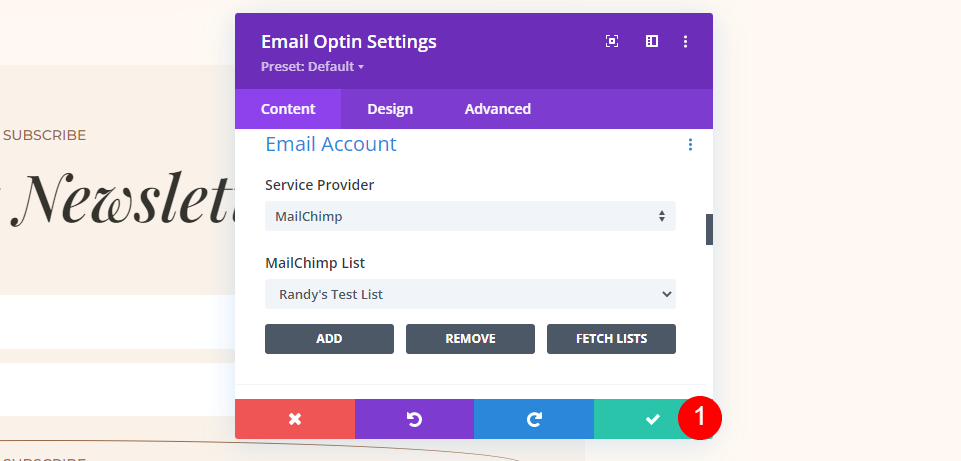 MailChimp Divi ตั้งค่าตัวอย่างบัญชีอีเมล