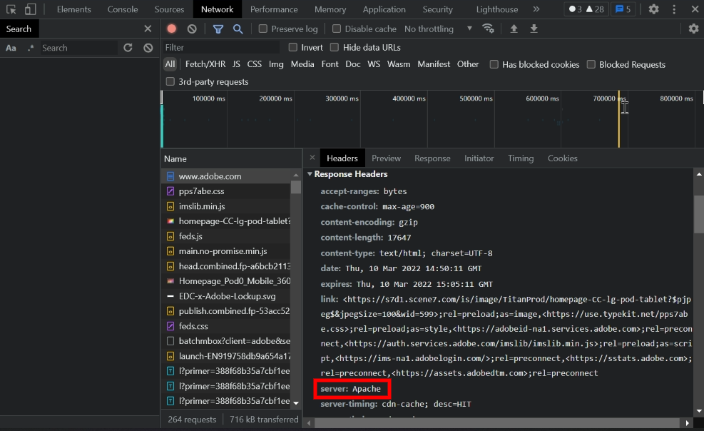 Recherche d'un serveur dans les outils de développement Chrome.