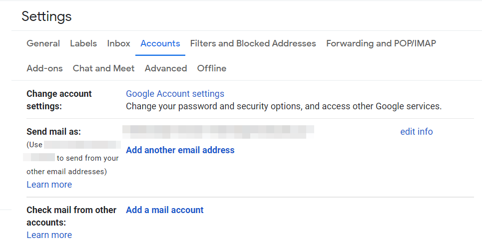 หน้าบัญชีและการนำเข้าในการตั้งค่า Gmail