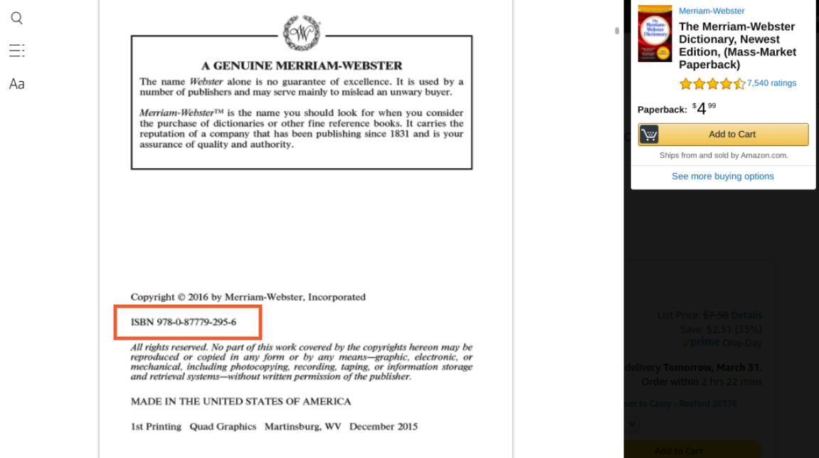หมายเลข ISBN ที่พิมพ์ในหน้าลิขสิทธิ์ The Merriam-Webster Dictionary