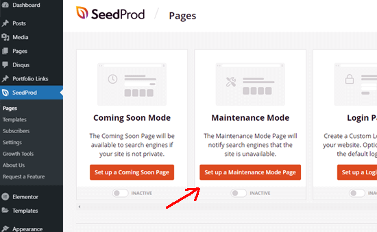 configurar uma página de modo de manutenção
