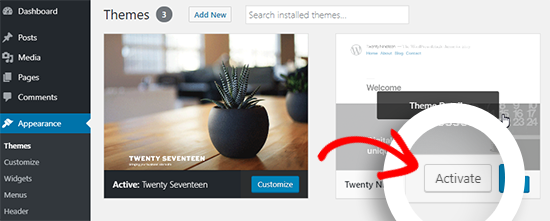 alterar o tema do wordpress no site ao vivo