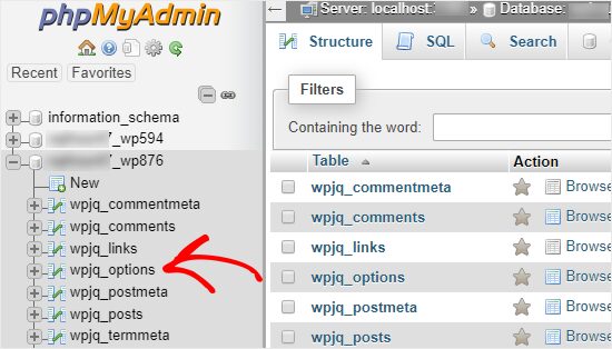banco de dados e tabela abertos do phpmyadmin