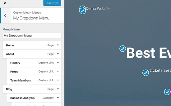 menus do personalizador