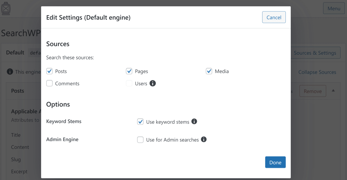 Fontes e configurações do SearchWP
