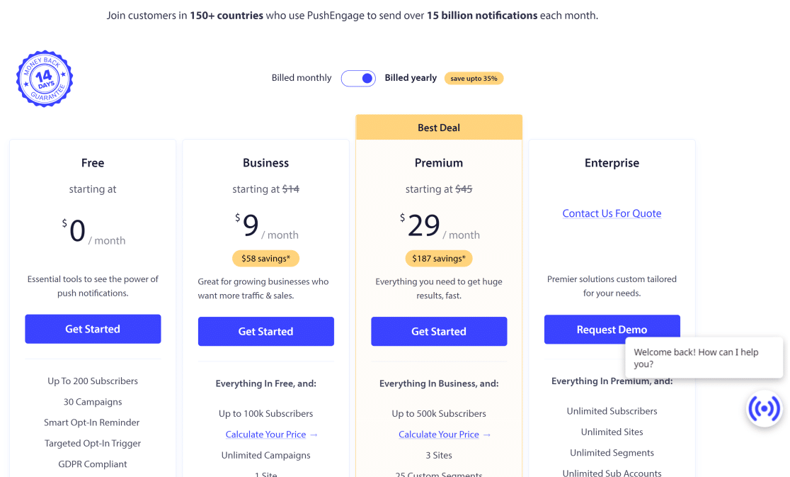 PushEngage planları