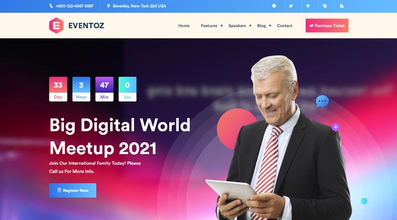 2022년을 위한 20가지 최고의 이벤트 웹사이트 템플릿 18 Eventoz WordPress Theme