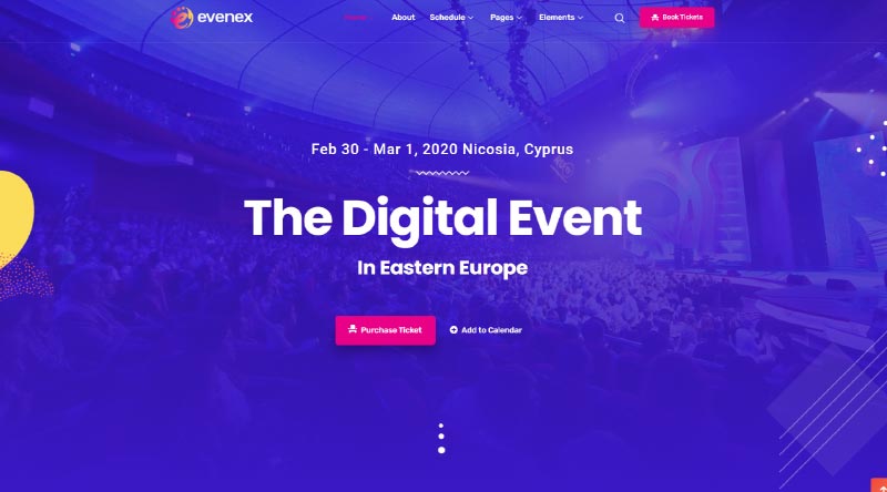 2022년을 위한 20가지 최고의 이벤트 웹사이트 템플릿 7 Evenex WordPress Theme