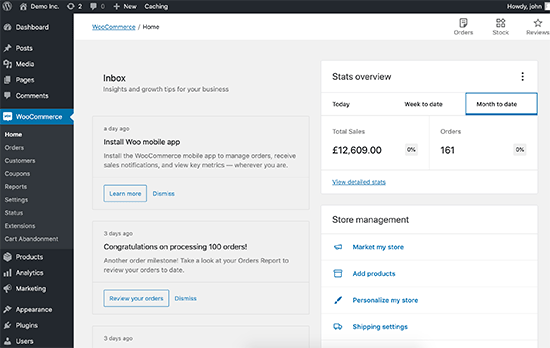 WordPress เป็นอีคอมเมิร์ซ: แดชบอร์ด WooCommerce