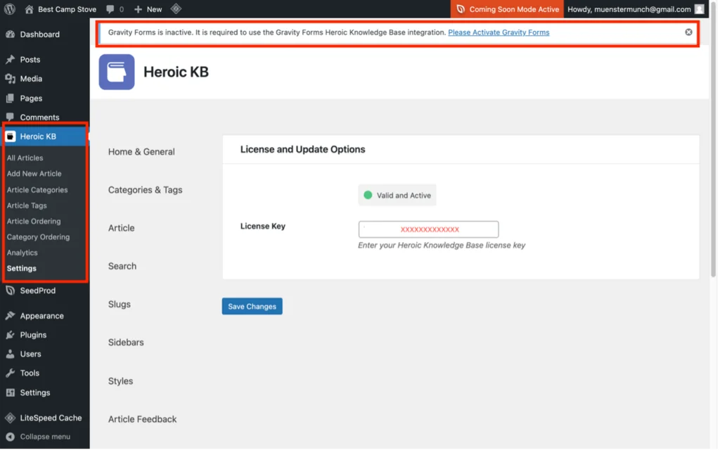 การป้อนรหัสใบอนุญาตและตำแหน่งของเมนูย่อย Heroic KB ใน WordPress