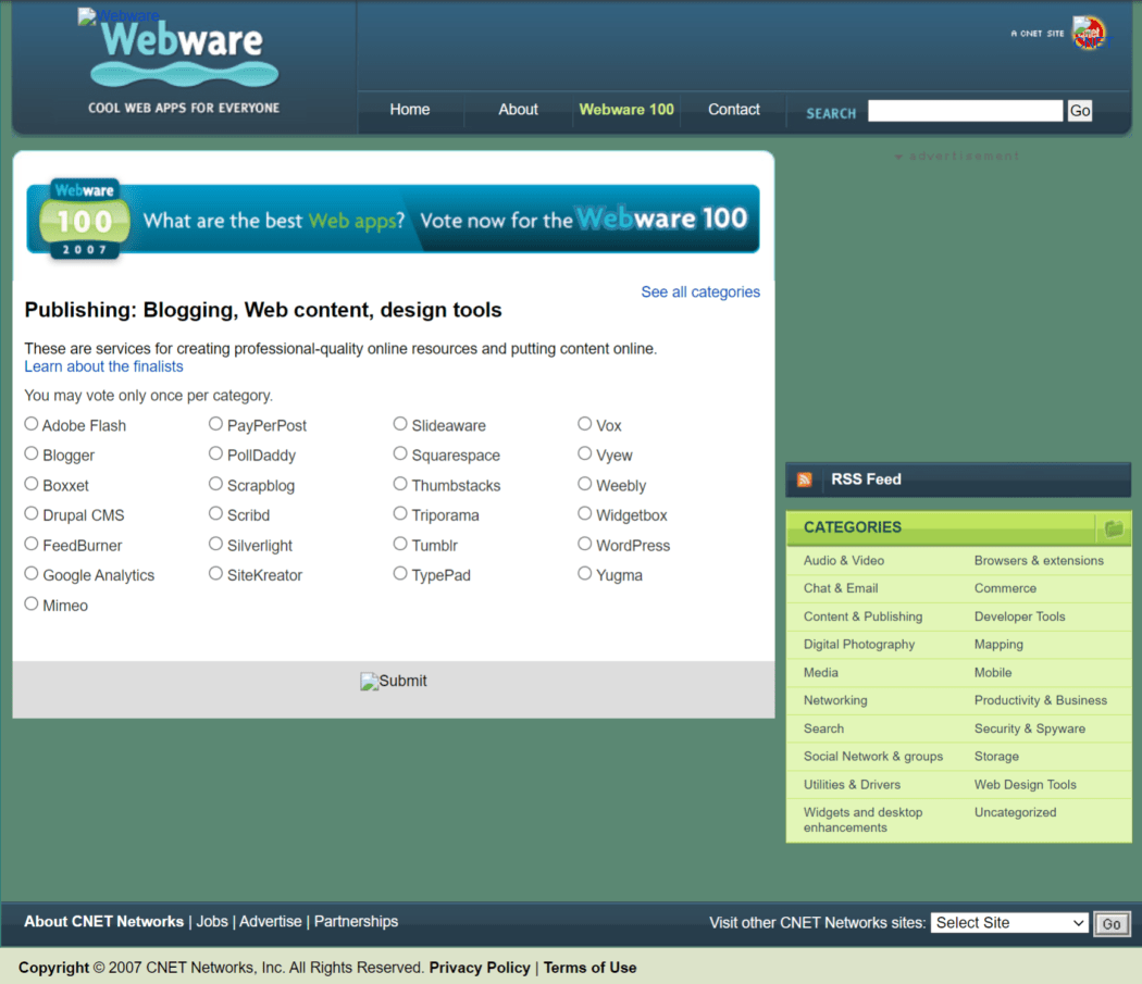 ผู้เข้ารอบ 100 อันดับแรกของเว็บแวร์ปี 2007 – โหวตให้ WordPress