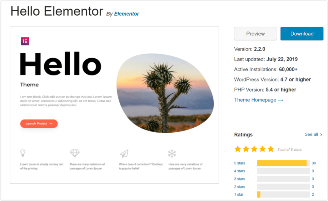 2019 ธีมยอดนิยม รางวัลชมเชย – สวัสดี Elementor