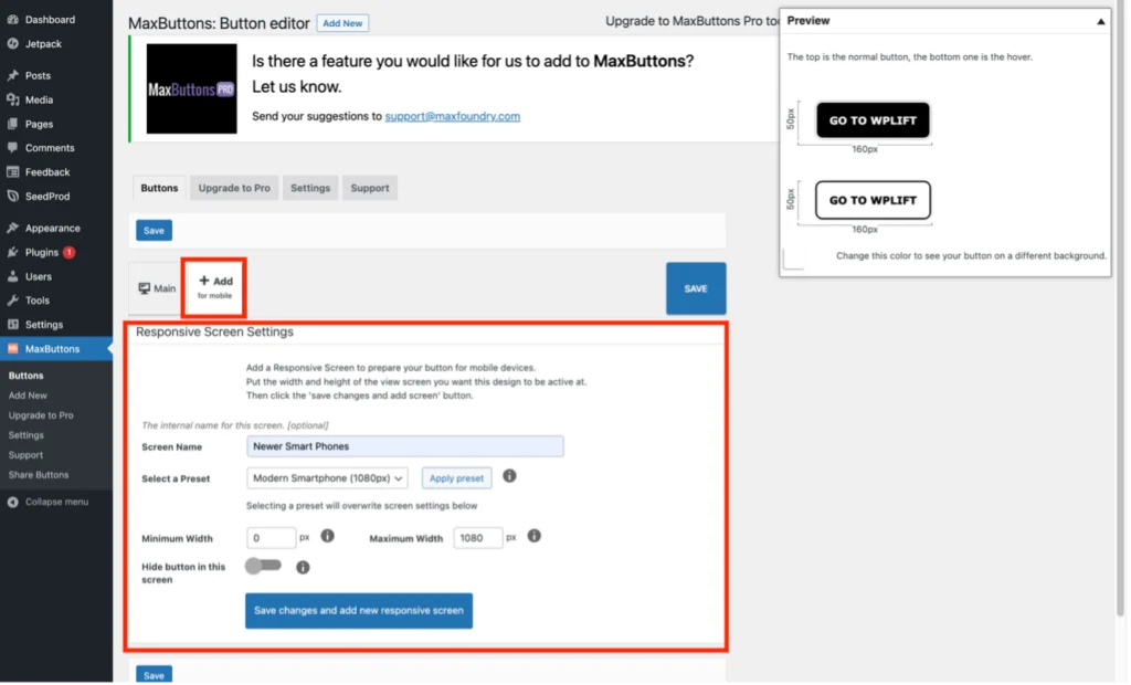 การแทรกปุ่มลงในหน้าหรือโพสต์โดยใช้ปลั๊กอิน MaxButtons - เพิ่มโปรไฟล์สำหรับปุ่มตอบสนองบนมือถือ