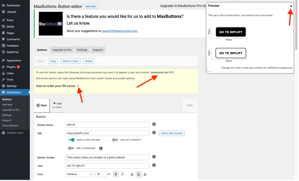 การแทรกปุ่มลงในหน้าหรือโพสต์โดยใช้ปลั๊กอิน MaxButtons - ตำแหน่งของรหัสย่อสำหรับปุ่มที่สร้างขึ้นใหม่