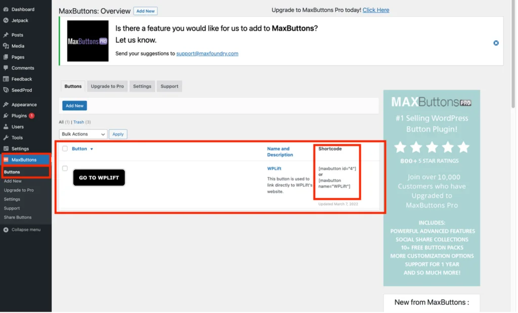 การแทรกปุ่มลงในหน้าหรือโพสต์โดยใช้ปลั๊กอิน MaxButtons - โดยใช้รายการปุ่มในแดชบอร์ด MaxButtons