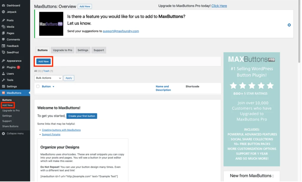 การแทรกปุ่มลงในหน้าหรือโพสต์โดยใช้ปลั๊กอิน MaxButtons - เพิ่มปุ่มใหม่
