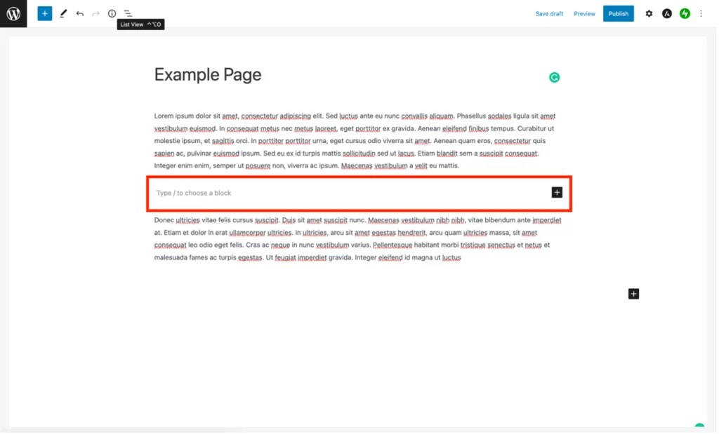 การแทรกปุ่มลงในหน้าหรือโพสต์โดยใช้ Gutenberg - บล็อกใหม่จะถูกเน้น