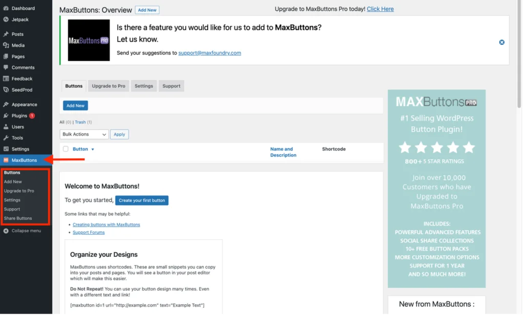 การแทรกปุ่มลงในหน้าหรือโพสต์โดยใช้ปลั๊กอิน MaxButtons - เมนู MaxButtons ในแดชบอร์ด WordPress