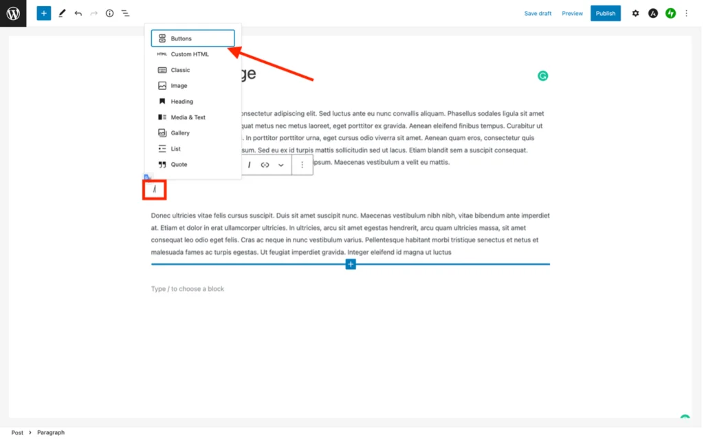 การแทรกปุ่มลงในหน้าหรือโพสต์โดยใช้ Gutenberg - ค้นหาปุ่ม block