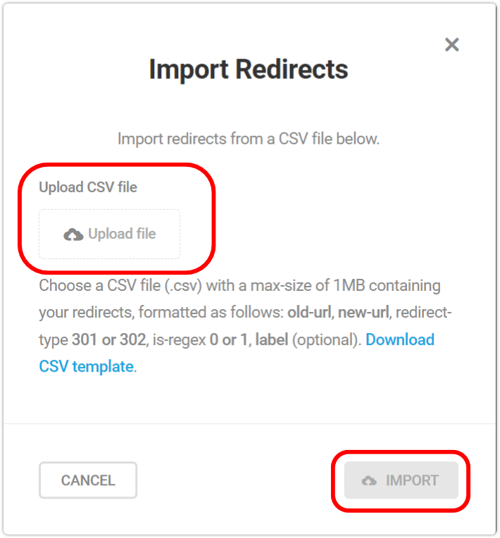 Caricamento di un file CSV con le informazioni di reindirizzamento salvate dal tuo sito.