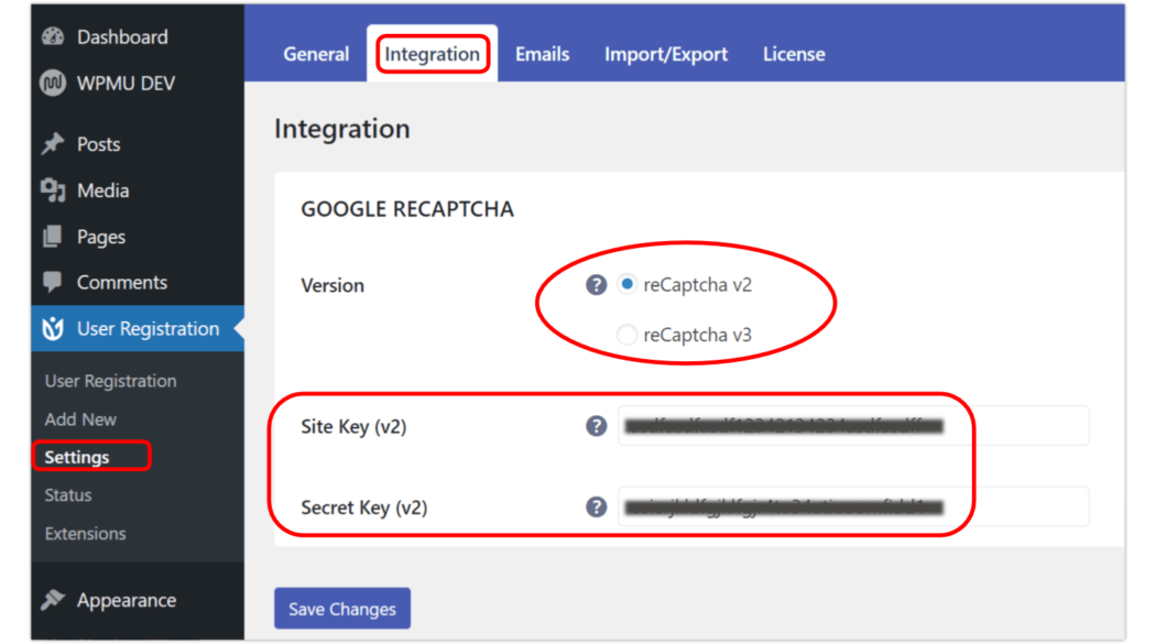 在用戶註冊插件中使用 reCAPTCHA 需要站點和密鑰 API。